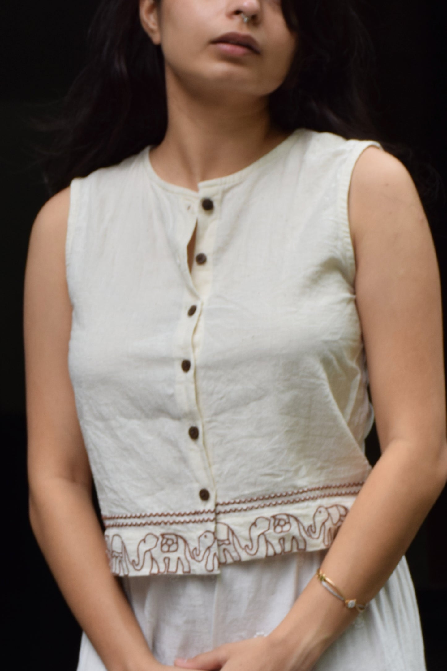 "Saanjhi Pehchaan" Sleeveless Cotton shirt hand drawn thread embroidered