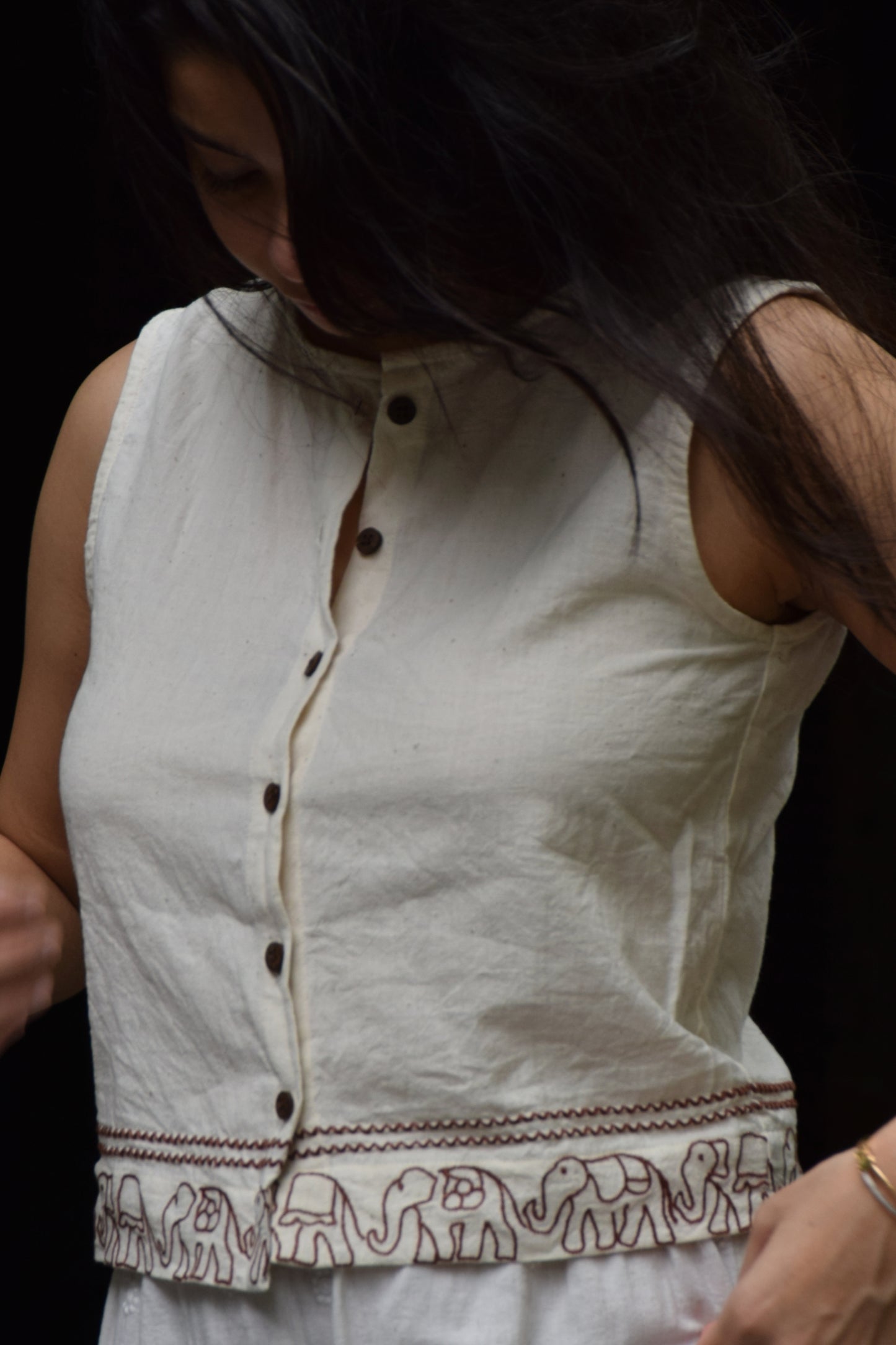 "Saanjhi Pehchaan" Sleeveless Cotton shirt hand drawn thread embroidered