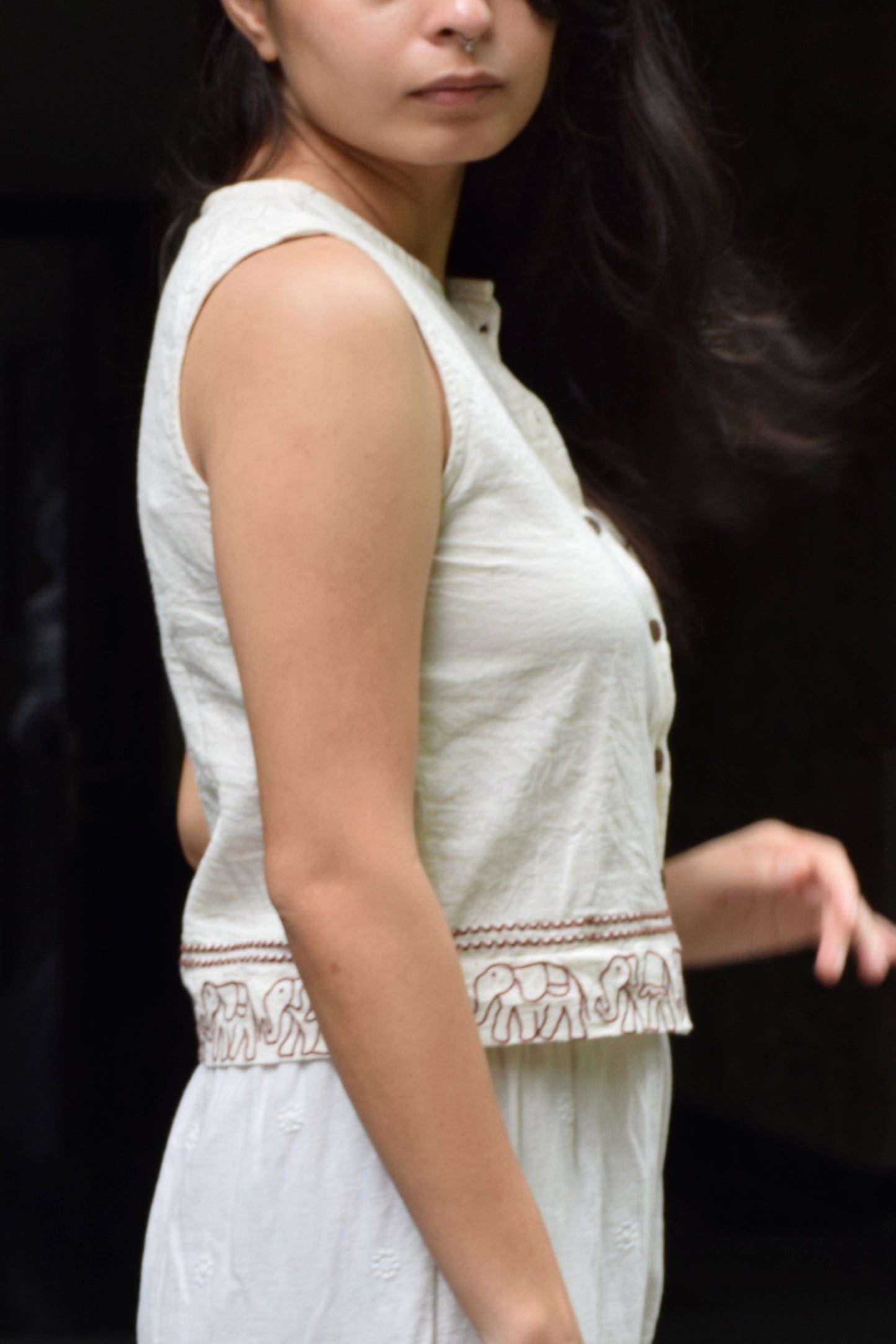 "Saanjhi Pehchaan" Sleeveless Cotton shirt hand drawn thread embroidered