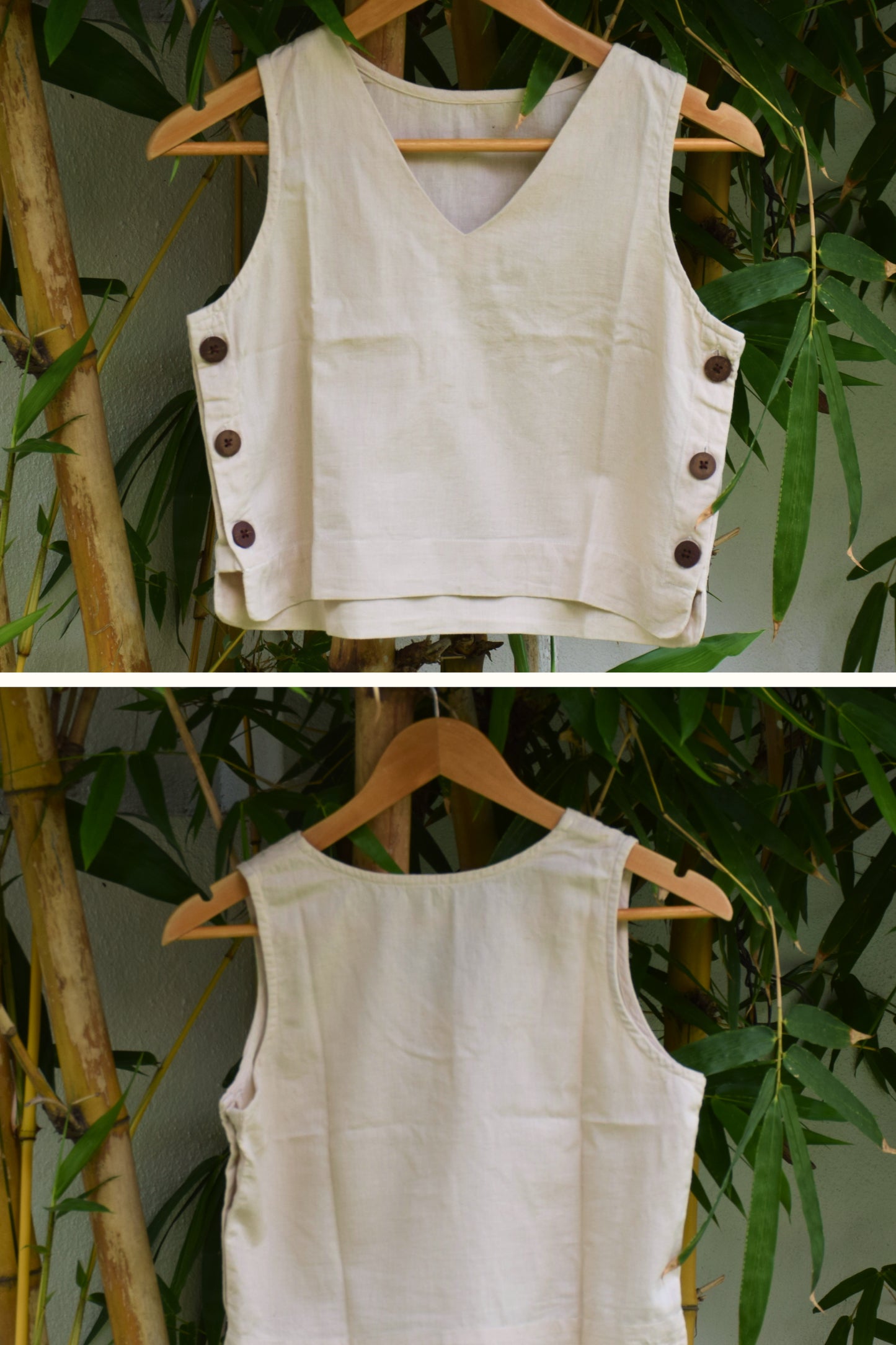 "Dheemi Lau" - Beige Sleeveless Cotton Top Side Button Detailed