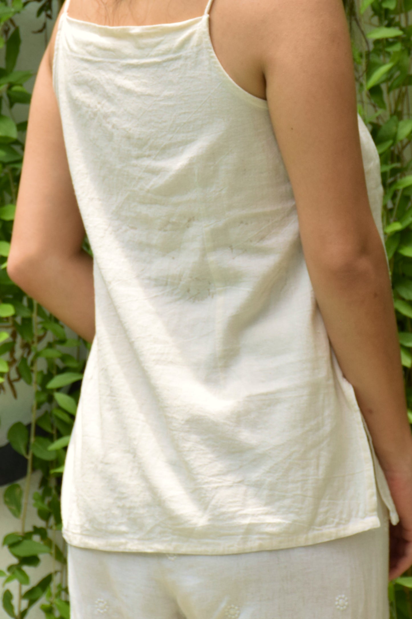 "Lehrati Baat" - Beige cotton adjustable neckline top with natural wooden beads