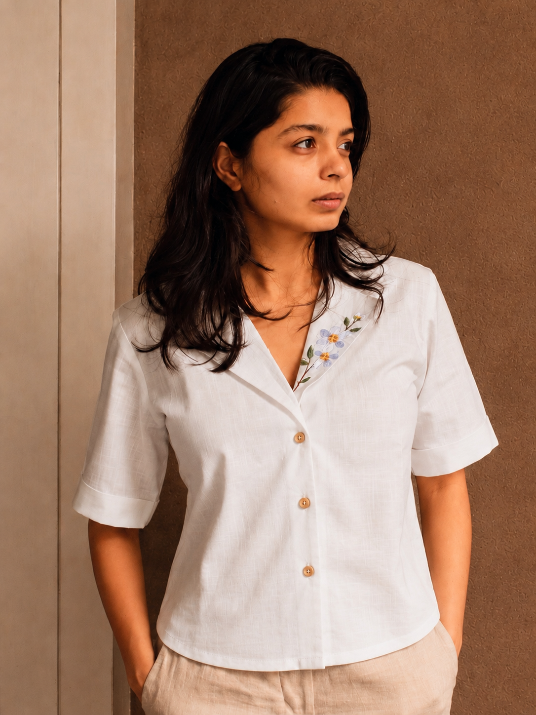 "Champa" - Frangipani embroidered blazer shirt