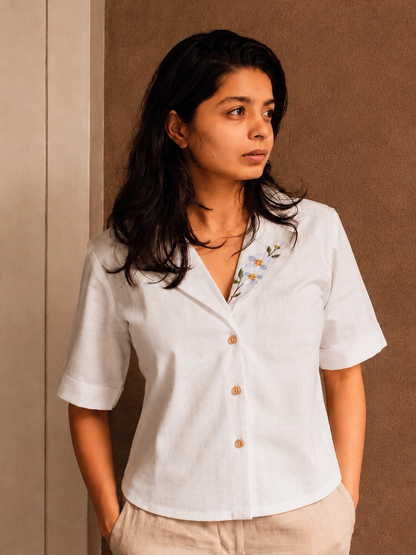 "Champa" - Frangipani embroidered blazer shirt