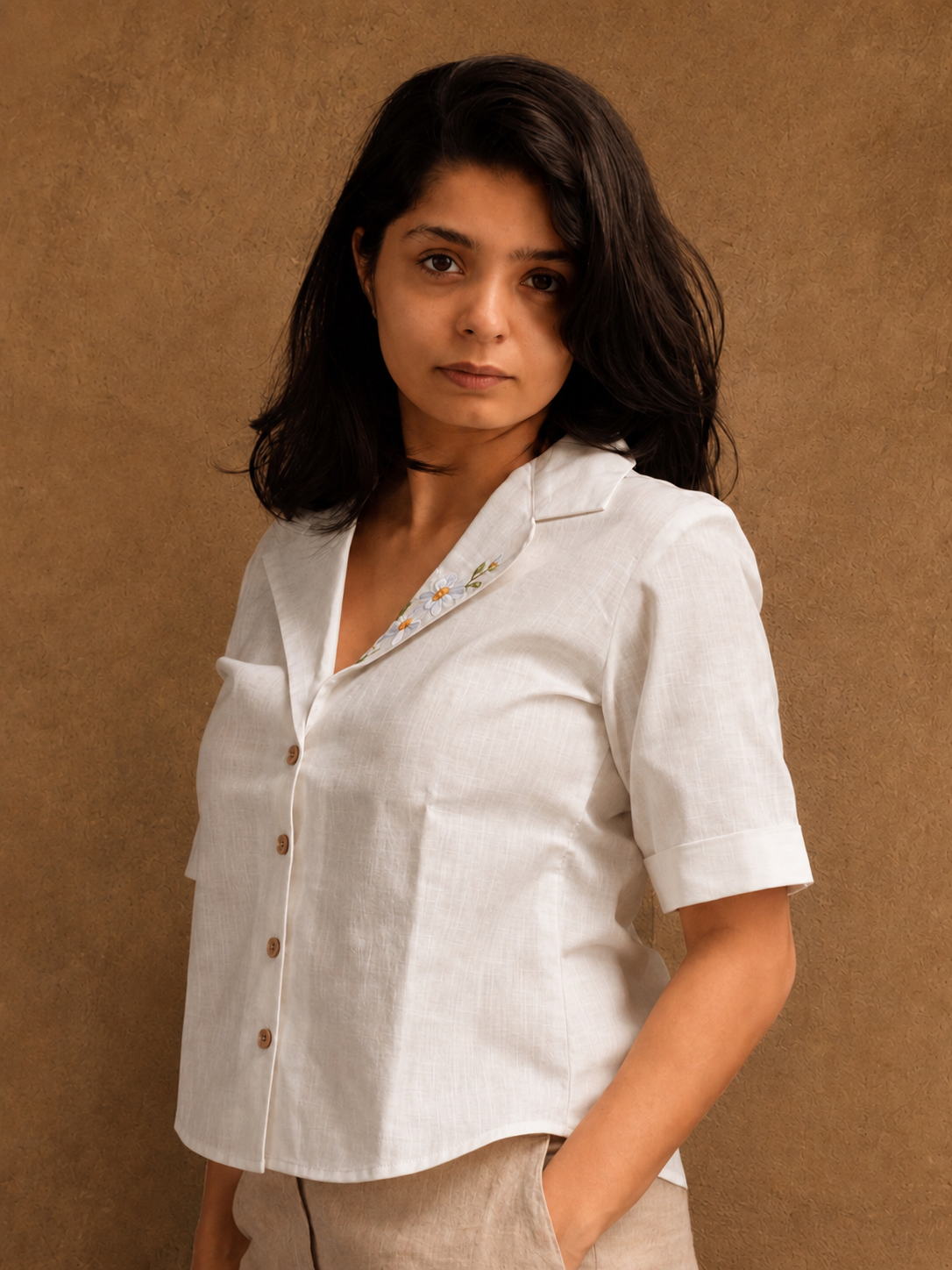 "Champa" - Frangipani embroidered blazer shirt