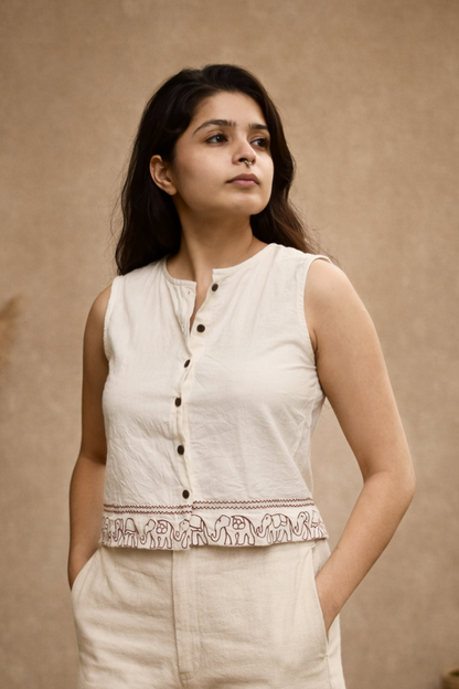 "Saanjhi Pehchaan" - High neck shirt with elephant hand drawn embroidery