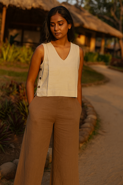 "Dheemi Lau" - Beige Sleeveless Cotton Top Side Button Detailed