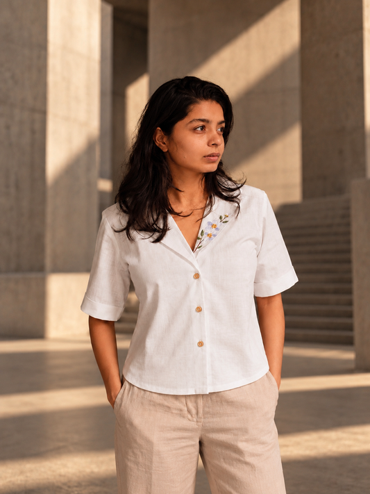 "Champa" - Frangipani embroidered blazer shirt
