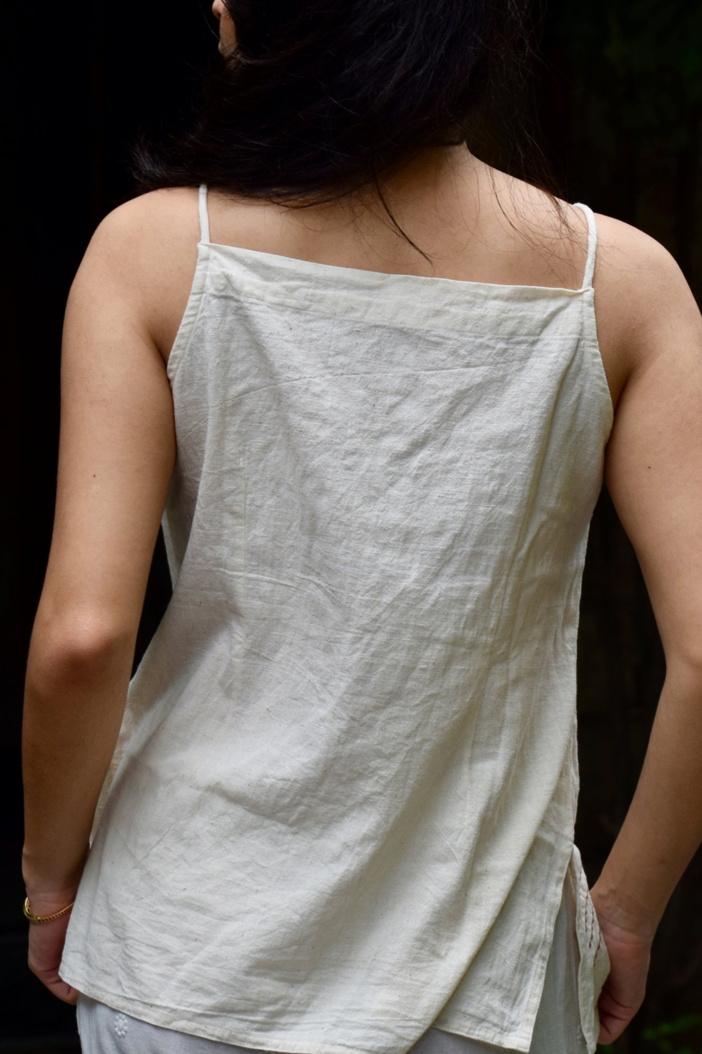 "Saaz" - Beige cotton adjustable neckline top with natural wooden beads and wave embroidery