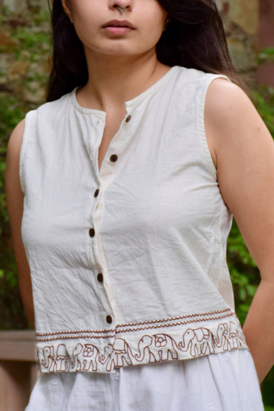 "Saanjhi Pehchaan" Sleeveless Cotton shirt hand drawn thread embroidered