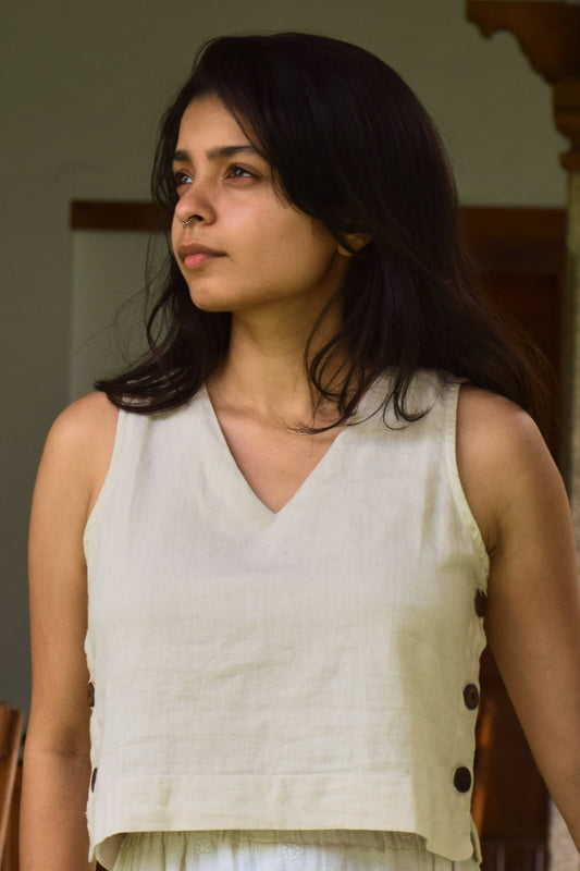 "Dheemi Lau" - Beige Sleeveless Cotton Top Side Button Detailed