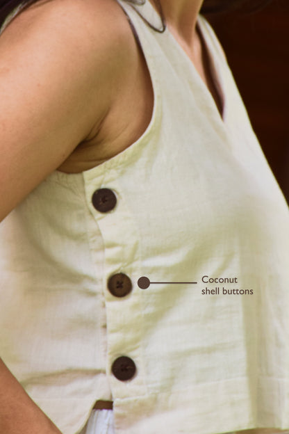 "Dheemi Lau" - Beige Sleeveless Cotton Top Side Button Detailed