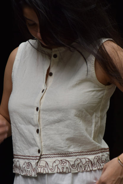 "Saanjhi Pehchaan" Sleeveless Cotton shirt hand drawn thread embroidered