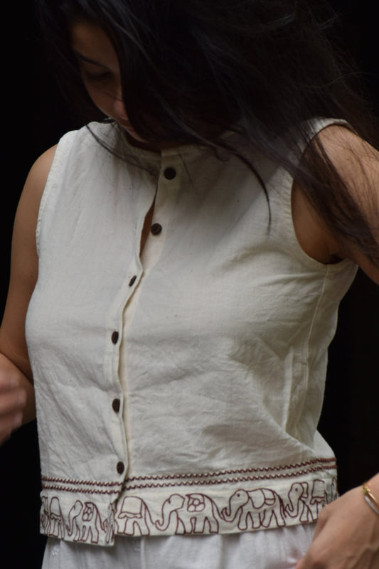 "Saanjhi Pehchaan" Sleeveless Cotton shirt hand drawn thread embroidered