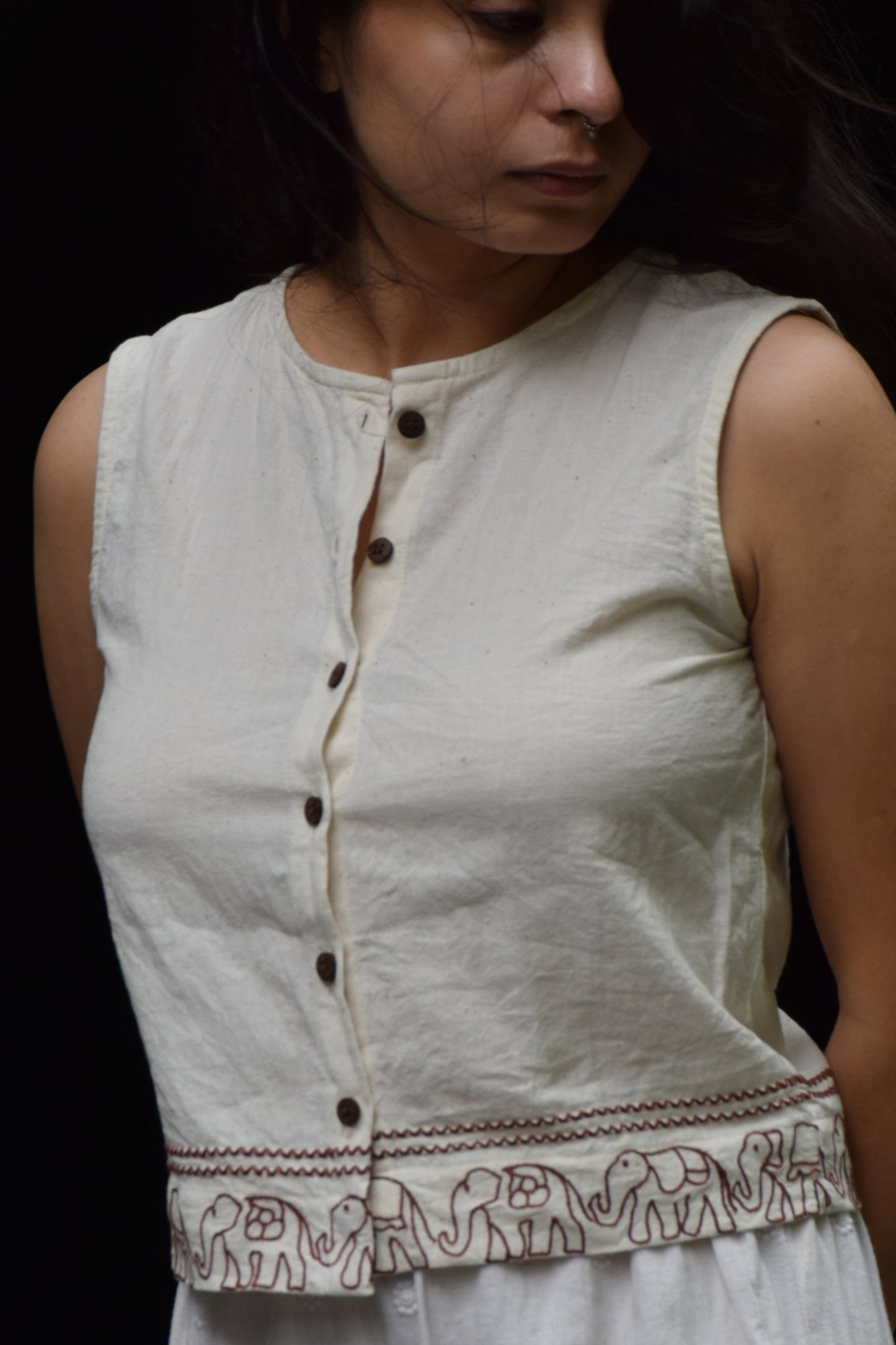 "Saanjhi Pehchaan" Sleeveless Cotton shirt hand drawn thread embroidered