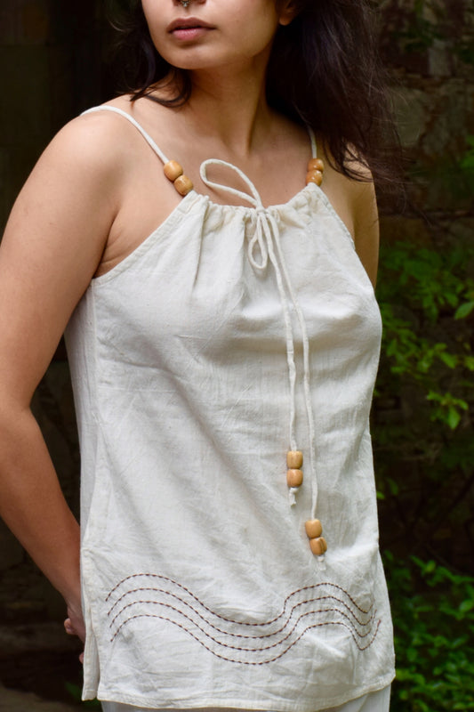 "Saaz" - Beige cotton adjustable neckline top with natural wooden beads and wave embroidery