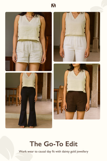 "Dheemi Lau" - Beige Sleeveless Cotton Top Side Button Detailed