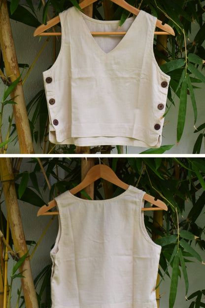 "Dheemi Lau" - Beige Sleeveless Cotton Top Side Button Detailed