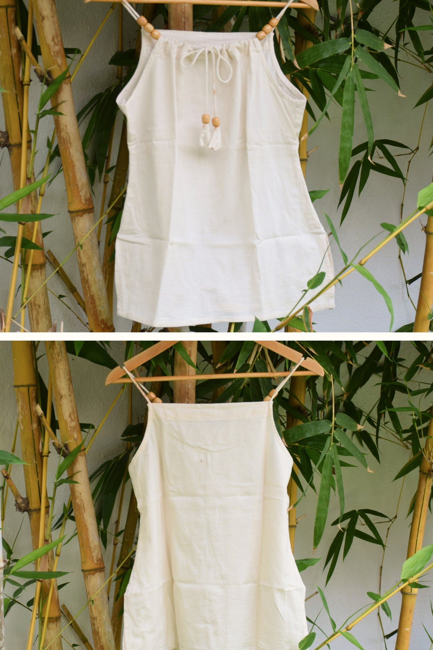 "Lehrati Baat" - Beige cotton adjustable neckline top with natural wooden beads