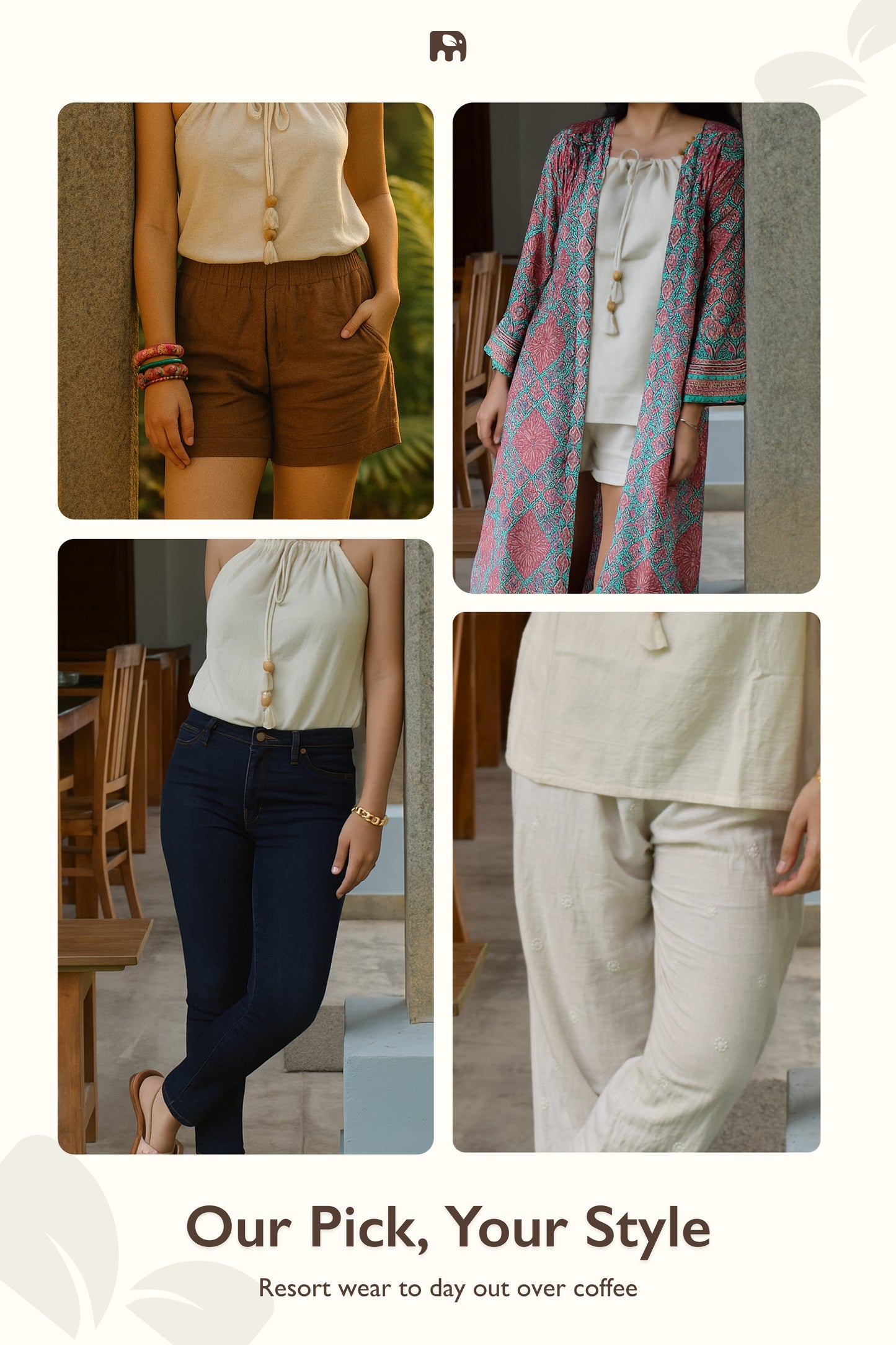 "Lehrati Baat" - Beige cotton adjustable neckline top with natural wooden beads