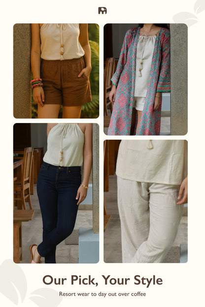 "Lehrati Baat" - Beige cotton adjustable neckline top with natural wooden beads