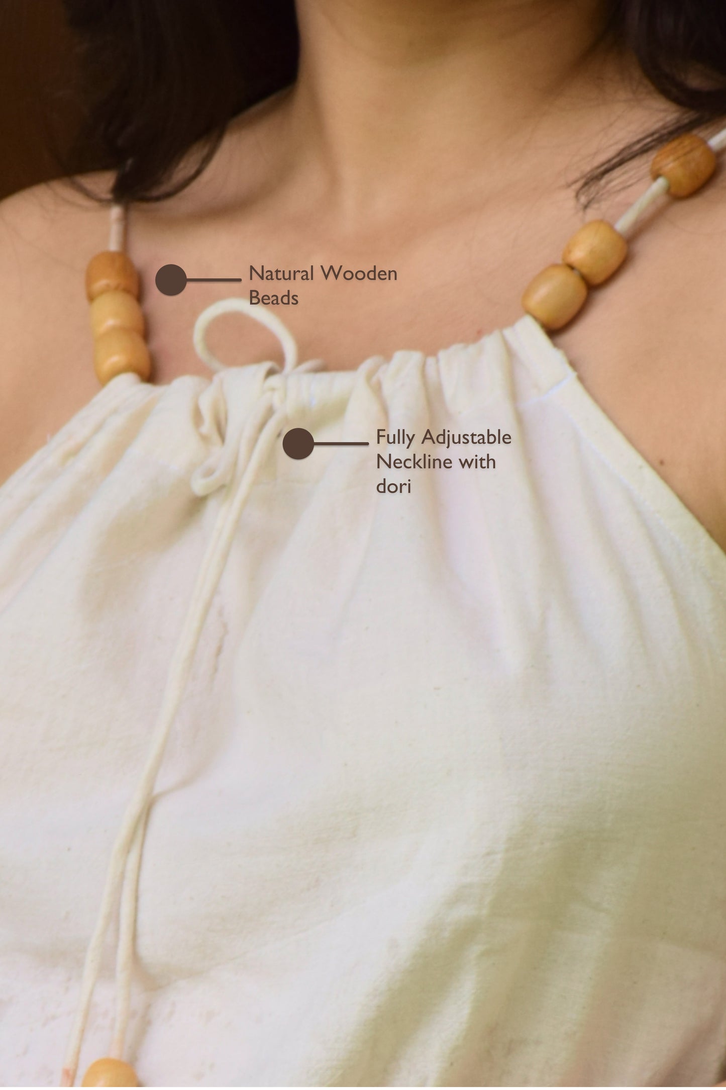 "Lehrati Baat" - Beige cotton adjustable neckline top with natural wooden beads