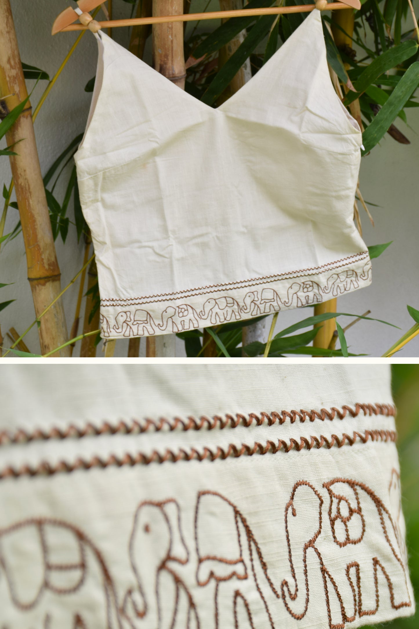 "Ban Ki Rani" - Cotton sleeveless elephant embroidery v neck top with wooden beads