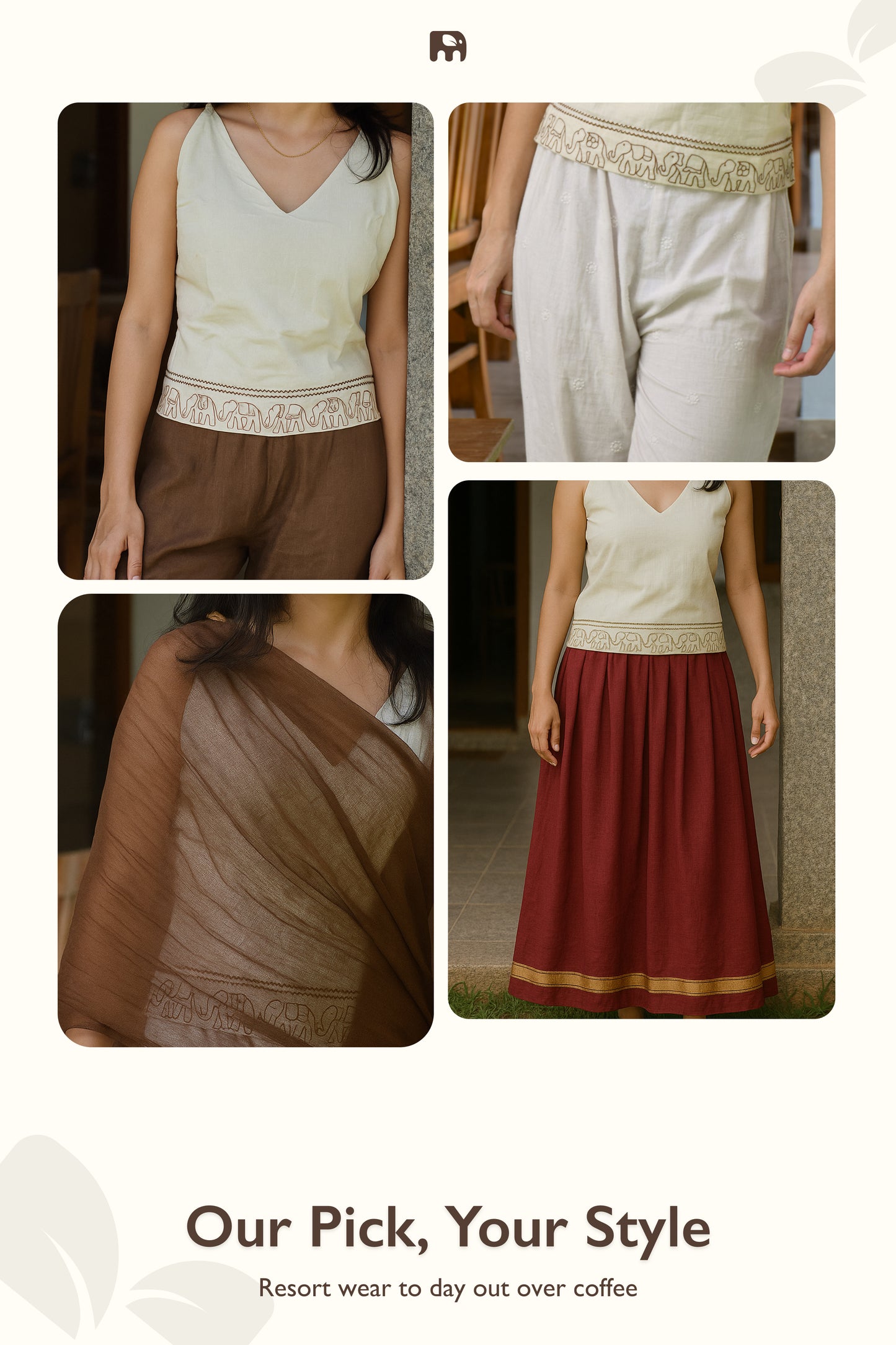 "Ban Ki Rani" - Cotton sleeveless elephant embroidery v neck top with wooden beads