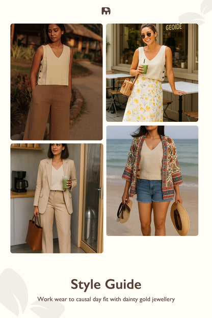 "Dheemi Lau" - Beige Sleeveless Cotton Top Side Button Detailed