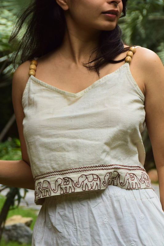 "Ban Ki Rani" - Cotton sleeveless elephant embroidery v neck top with wooden beads