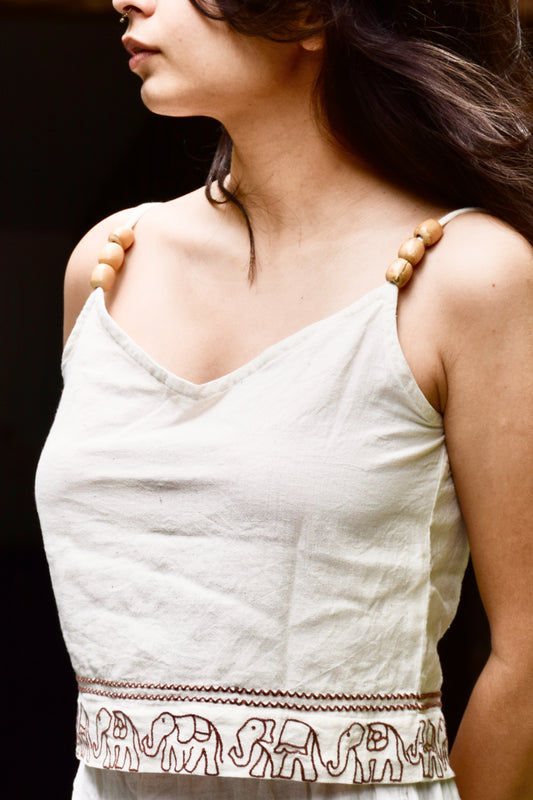 "Ban Ki Rani" - Cotton sleeveless elephant embroidery v neck top with wooden beads