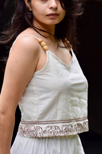 "Ban Ki Rani" - Cotton sleeveless elephant embroidery v neck top with wooden beads