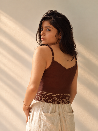 "Dark Roast" - Beaded strap top with elephant embroidery