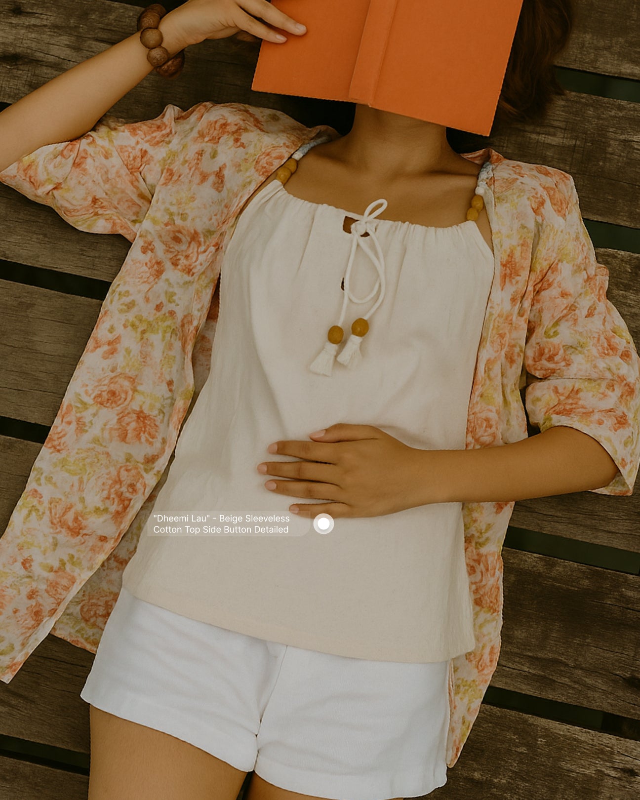 "Lehrati Baat" - Beige cotton adjustable neckline top with natural wooden beads