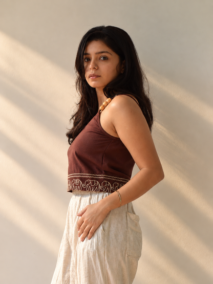 "Dark Roast" - Beaded strap top with elephant embroidery