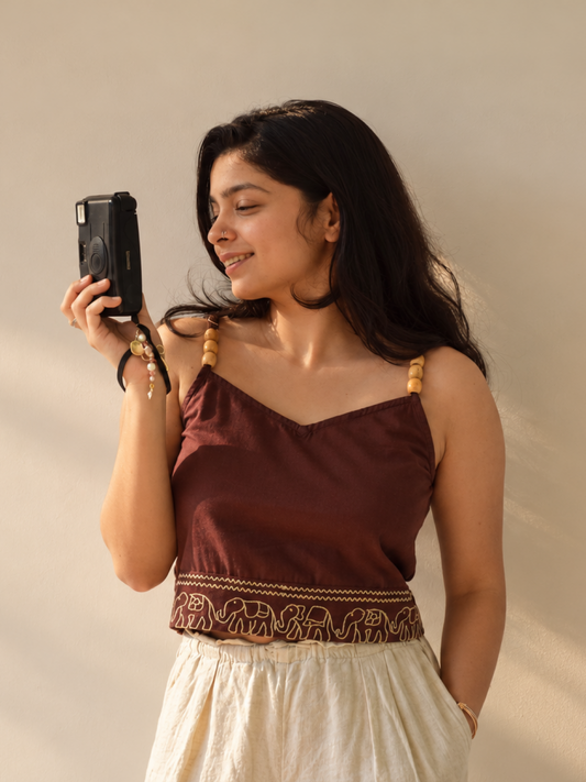 "Dark Roast" - Beaded strap top with elephant embroidery